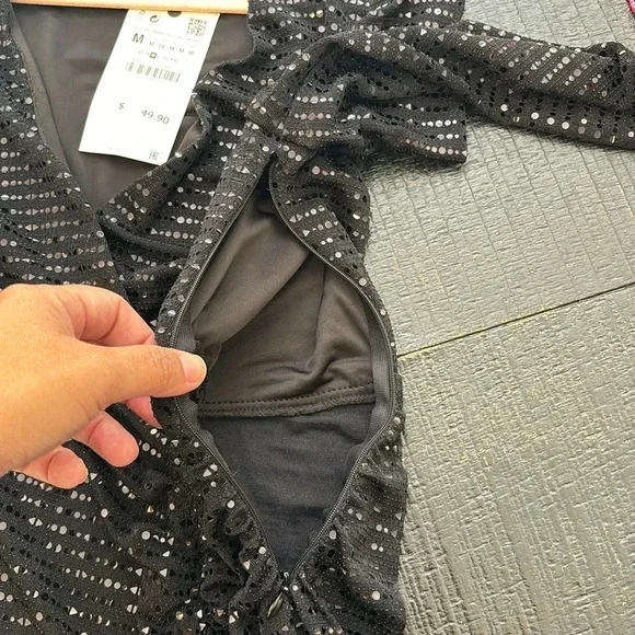 NWT Zara Draped Sparkly Black Dress Long Sleeve size Medium - Picture 14 of 16
